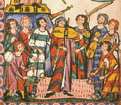 Musiciens – Codex Manesse – 
XIIIème siècle.  Ces musiciens sont habillés de tissus 
bariolés à rayures ou à chevrons. 