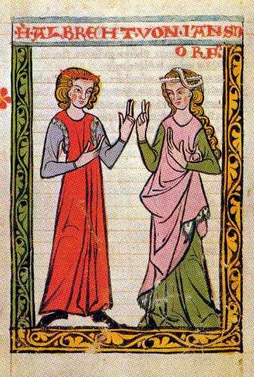 Codex Constance – XIIIème siècle.  L'homme et la femme sont tous deux vêtus d'une cotte et d'un surcot sans manches. Celui de l'homme est bordé de fourrure à l'emmanchure.